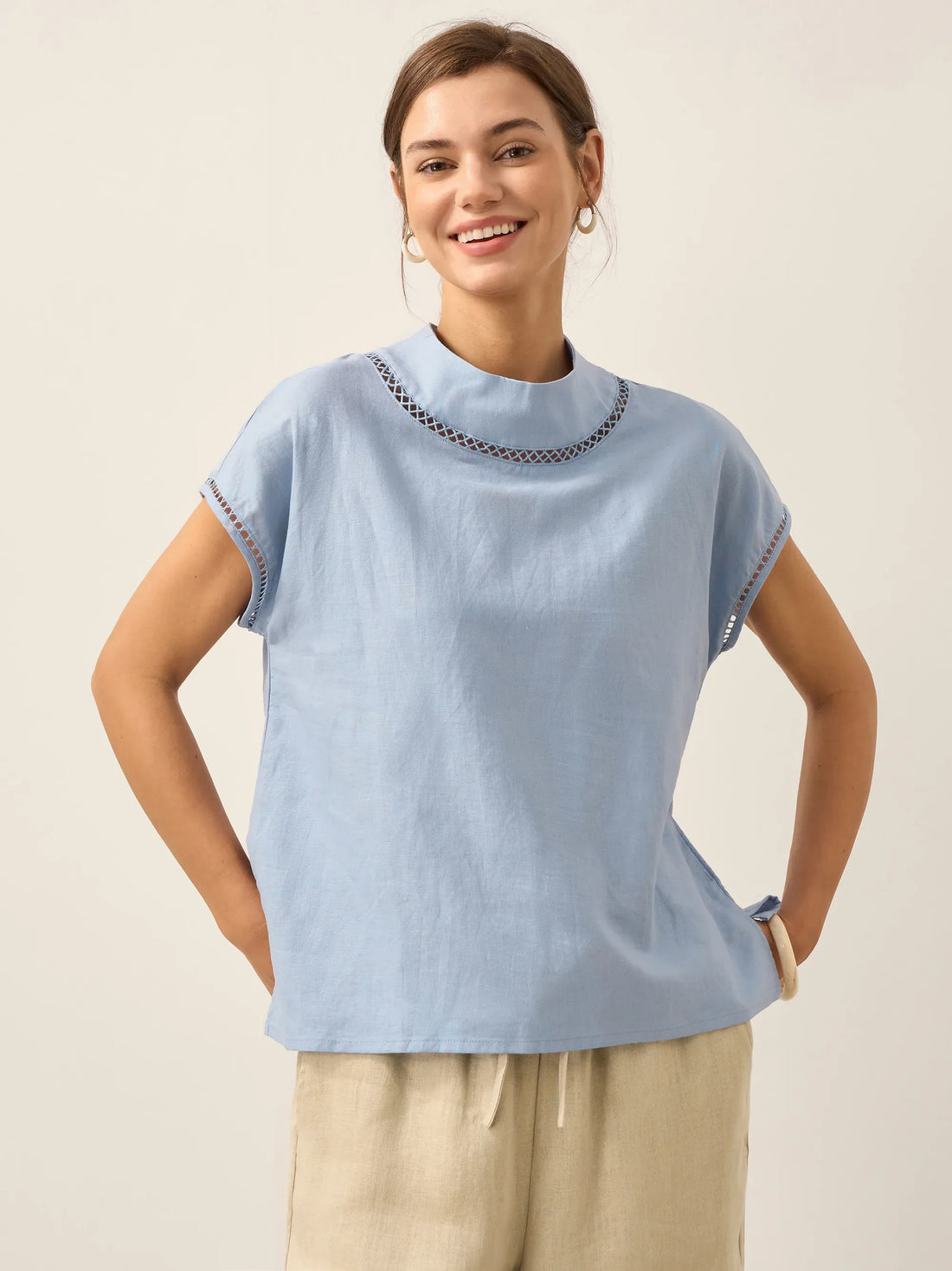 100% Linen Gingham Checked Cutout Turtleneck Top CAROL by LINTICO