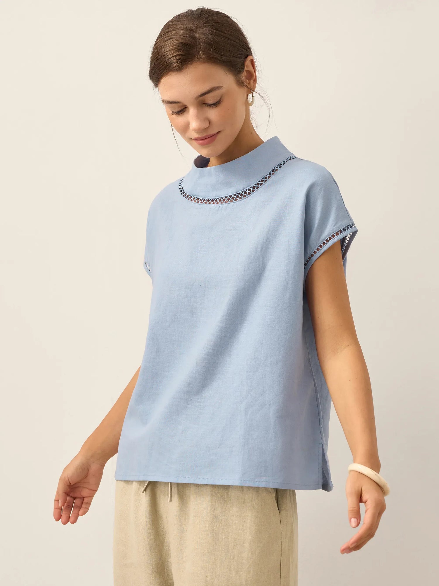 100% Linen Gingham Checked Cutout Turtleneck Top CAROL by LINTICO
