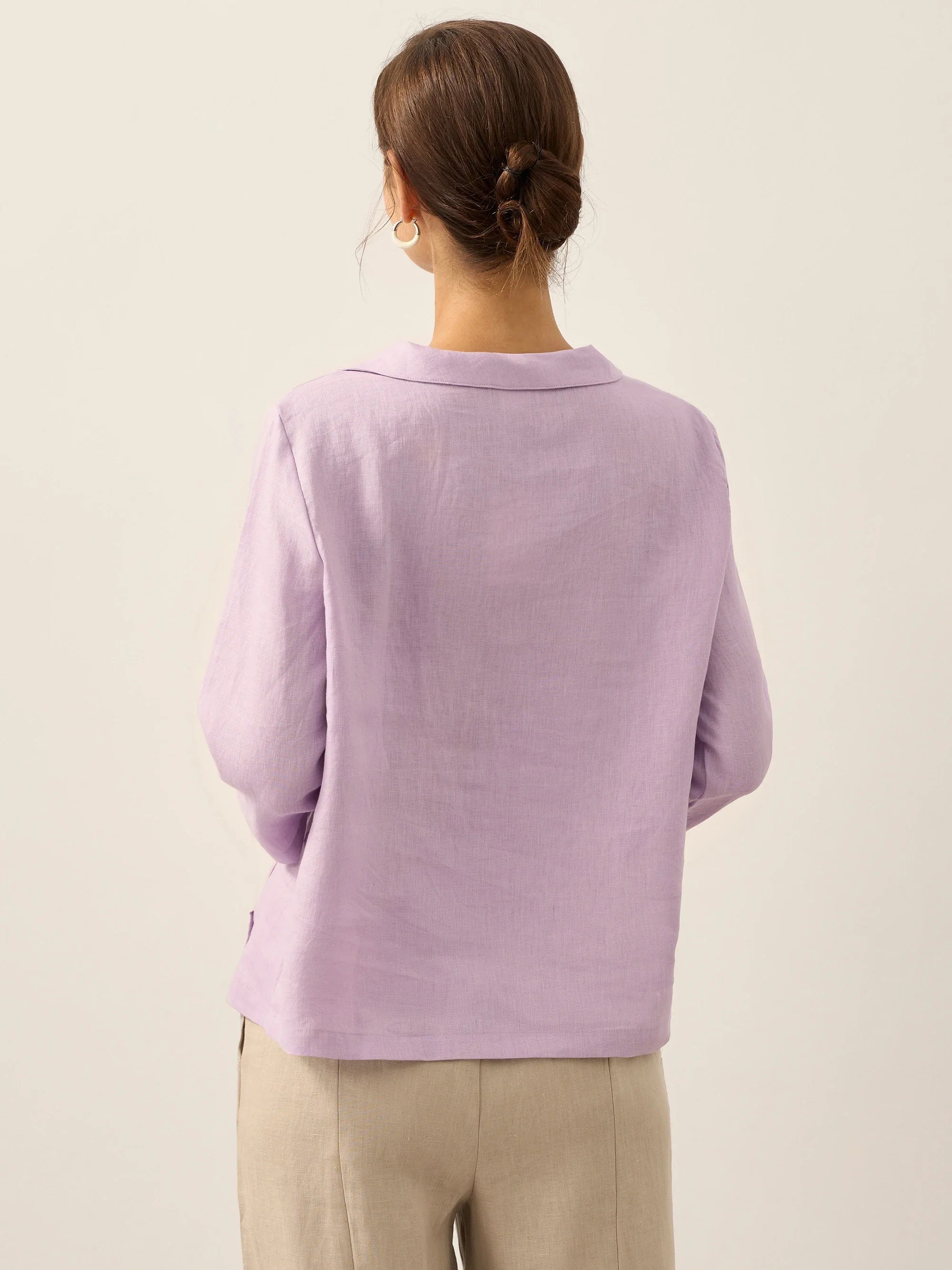 Linen Gingham Checked Round Soft-Fold Collar Top LAURA by LINTICO