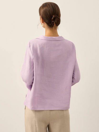Linen Gingham Checked Round Soft-Fold Collar Top LAURA by LINTICO