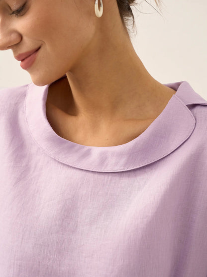 Linen Gingham Checked Round Soft-Fold Collar Top LAURA 