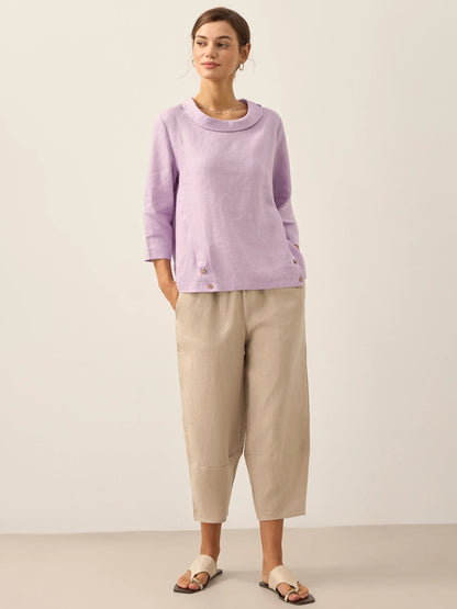 Linen Round Soft-Fold Collar Top ANAIS by LINTICO