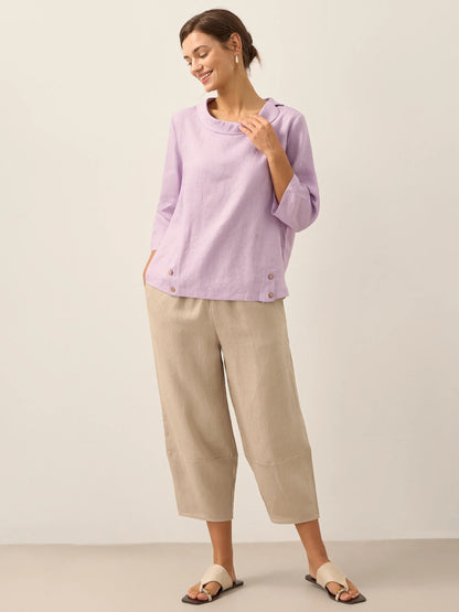 Linen Gingham Checked Round Soft-Fold Collar Top LAURA by LINTICO