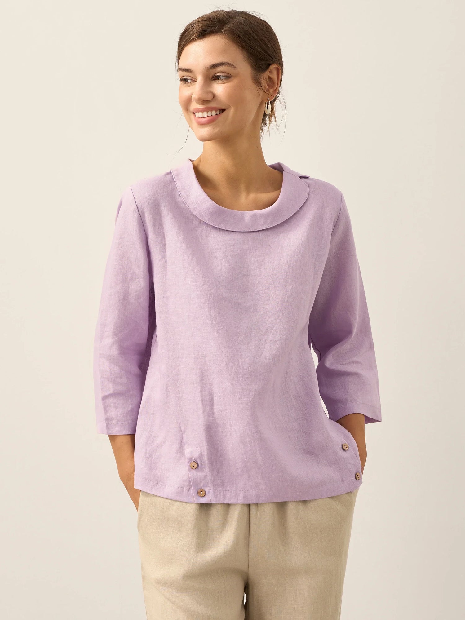 Linen Gingham Checked Round Soft-Fold Collar Top LAURA by LINTICO