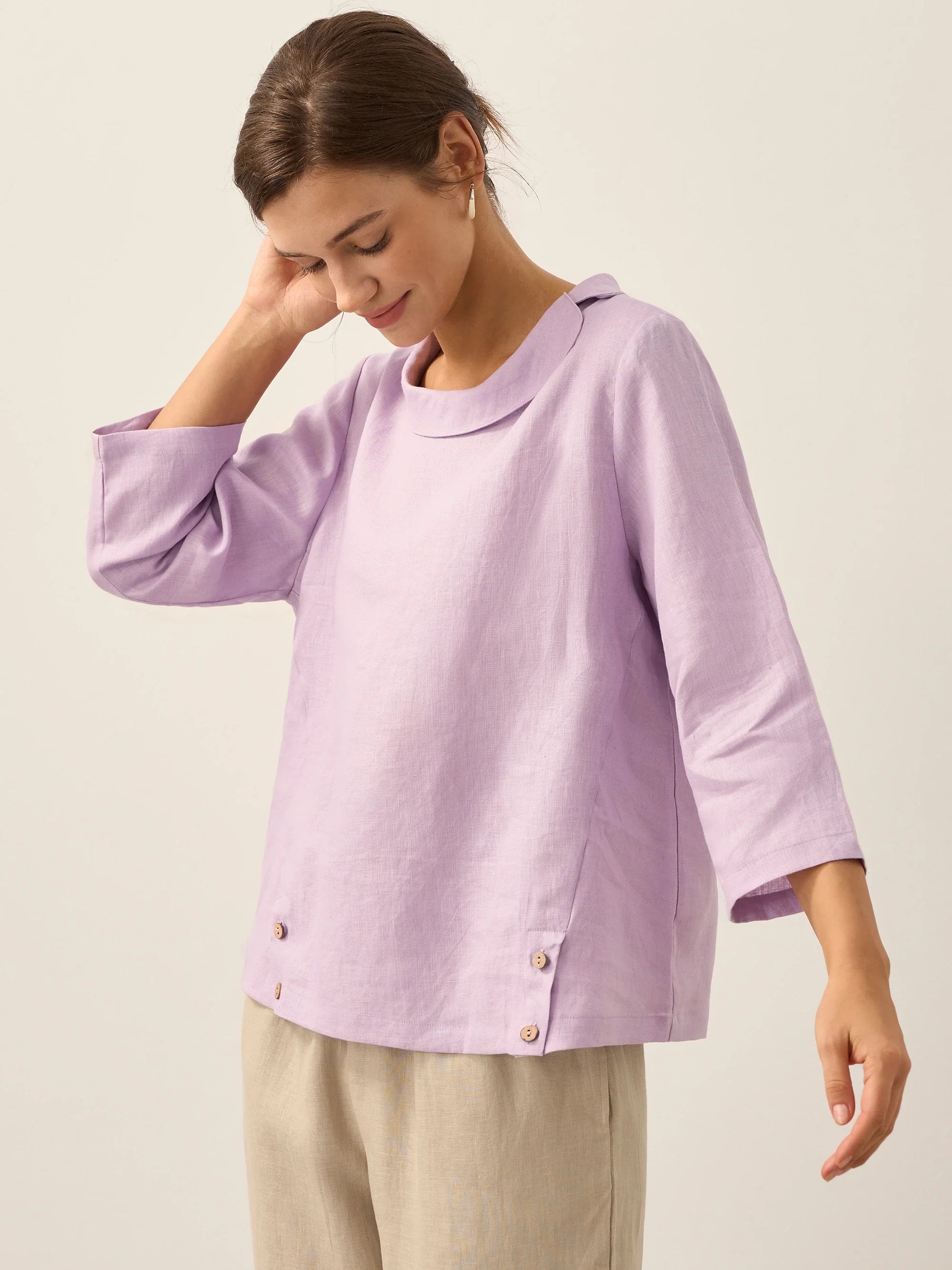 Linen Round Soft-Fold Collar Top ANAIS by LINTICO