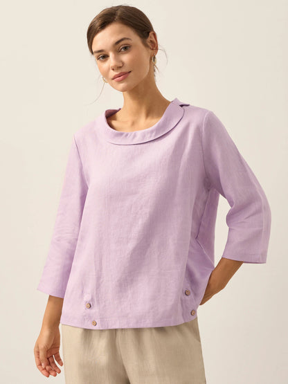 Linen Gingham Checked Round Soft-Fold Collar Top LAURA by LINTICO