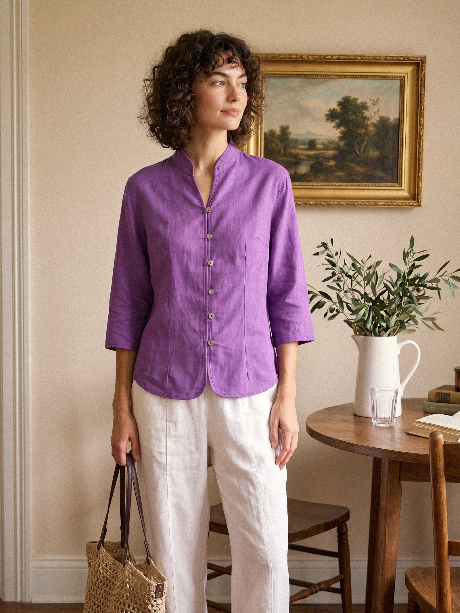 100% Linen Hand Button Fitted Jacket AMELIA  DestGlow