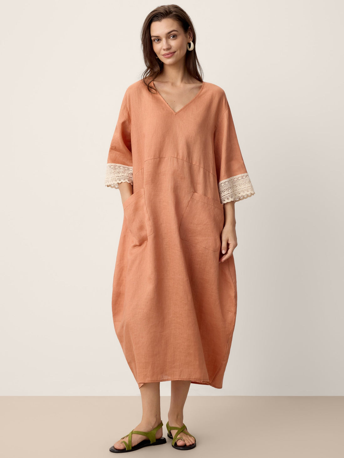 100% Linen Lace-Cuff Cocoon Midi Dress PETRA by LINTICO