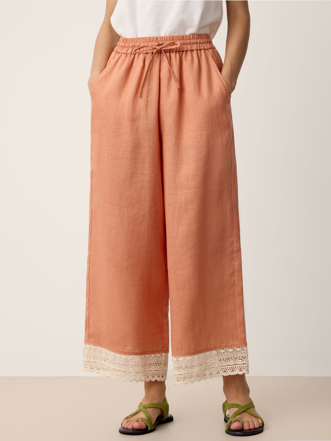 100% Linen Lace-Hem Wide-Leg Pants DARBY by LINTICO