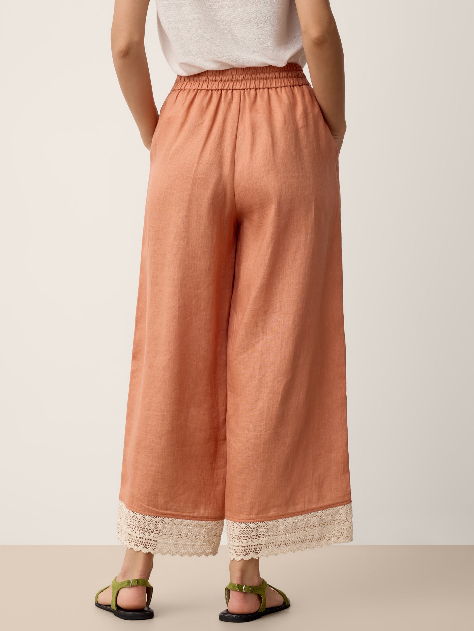 100% Linen Lace-Hem Wide-Leg Pants DARBY by LINTICO