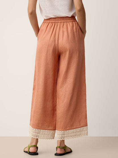 100% Linen Lace-Hem Wide-Leg Pants DARBY by LINTICO