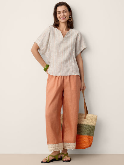 100% Linen Lace-Hem Wide-Leg Pants DARBY by LINTICO