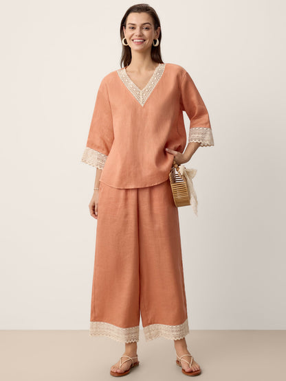 100% Linen Lace-Hem Wide-Leg Pants DARBY by LINTICO