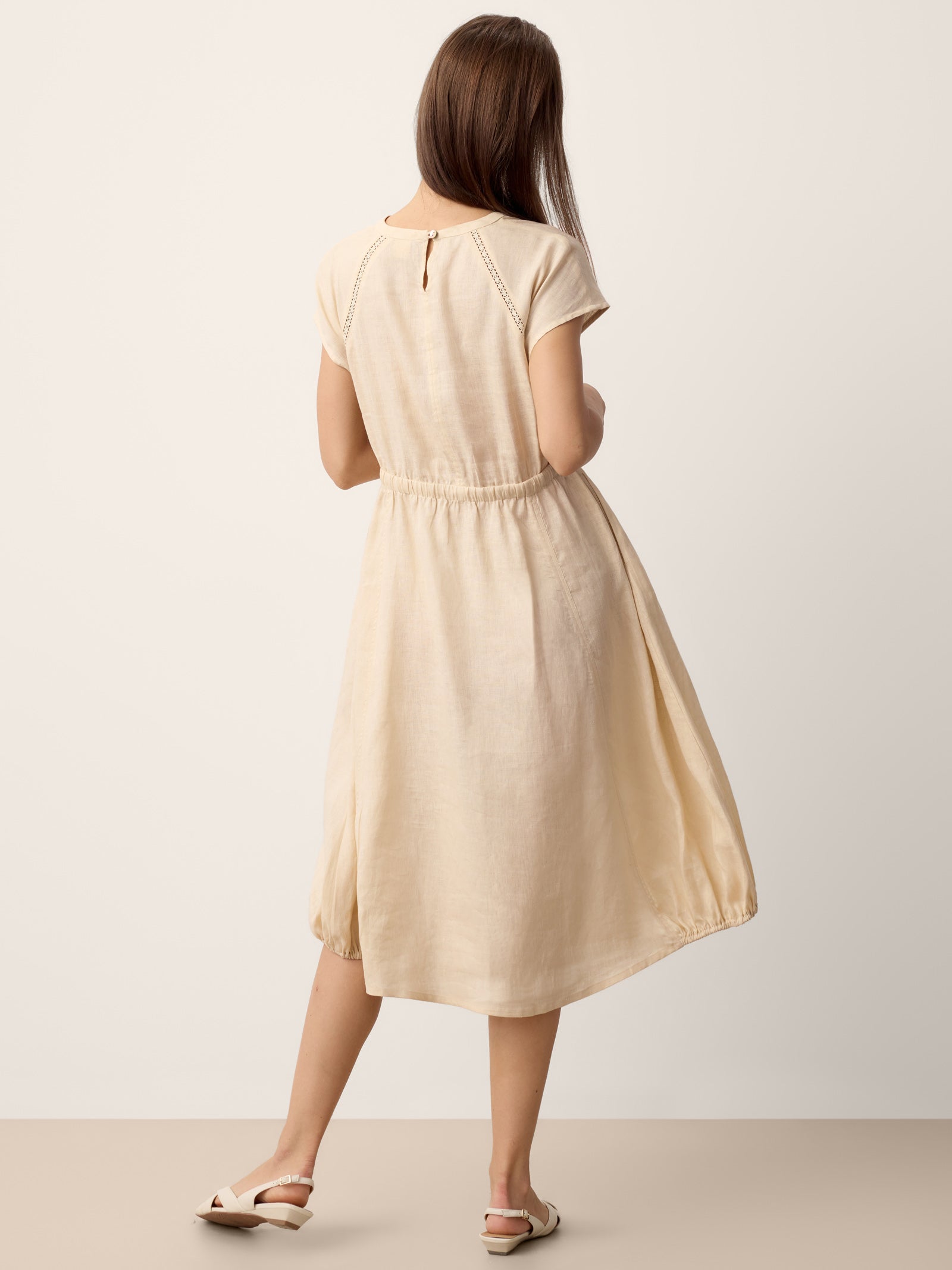 100% Linen Lace-Inset Bubble-Hem Midi Dress LORITA by LINTICO