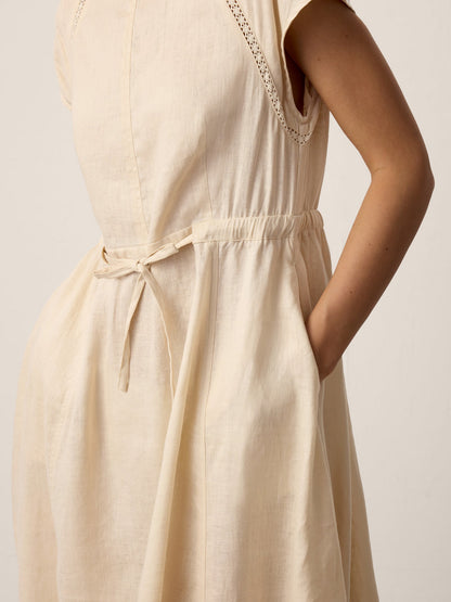 100% Linen Lace-Inset Bubble-Hem Midi Dress LORITA by LINTICO