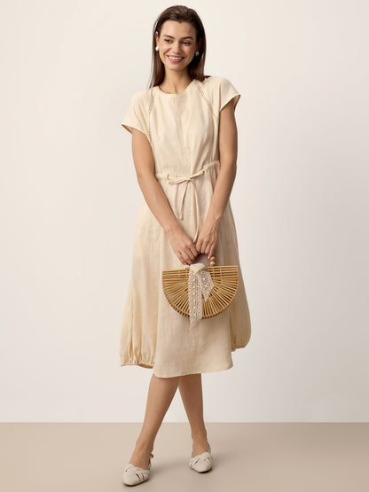 100% Linen Lace-Inset Bubble-Hem Midi Dress LORITA by LINTICO