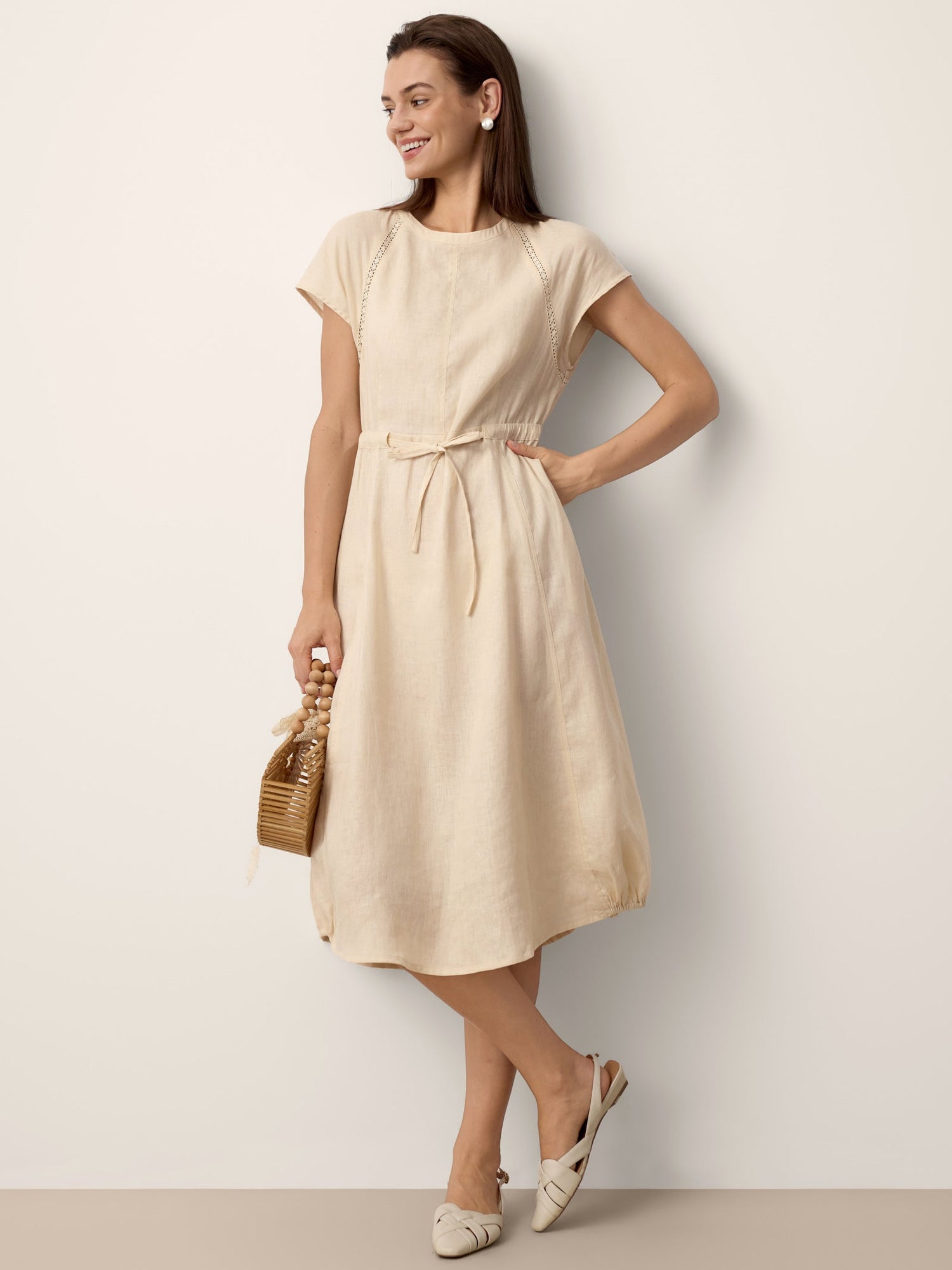 100% Linen Lace-Inset Bubble-Hem Midi Dress LORITA by LINTICO
