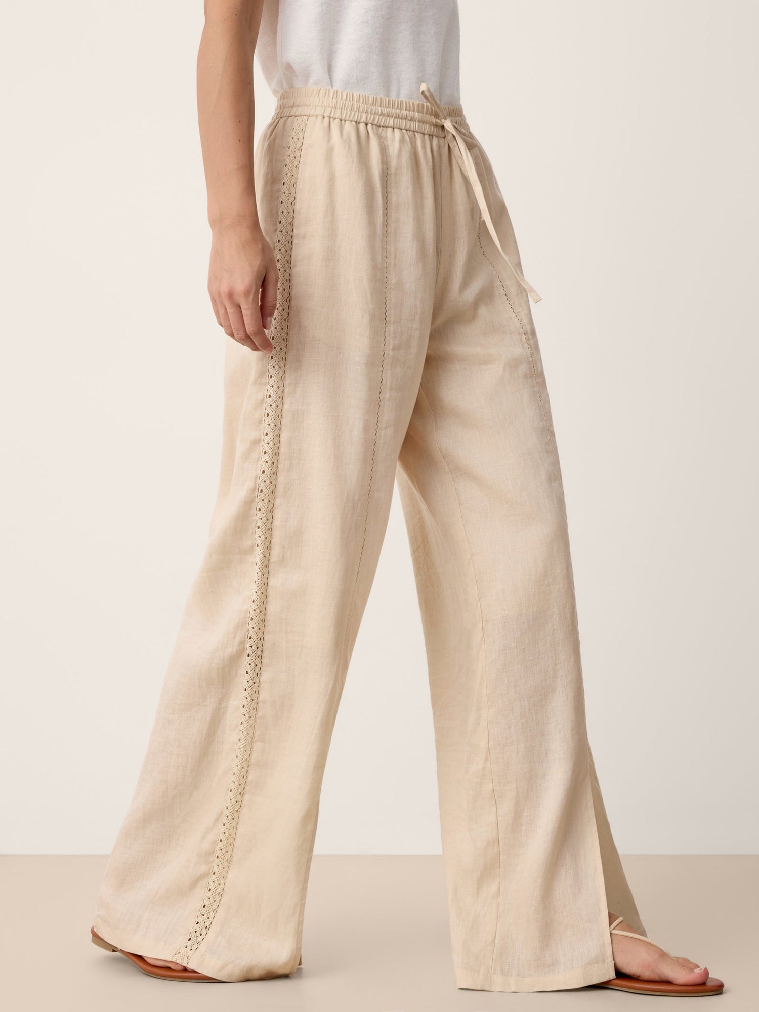 100% Linen Lace-Panel Split-Hem Pants BRONTE by LINTICO