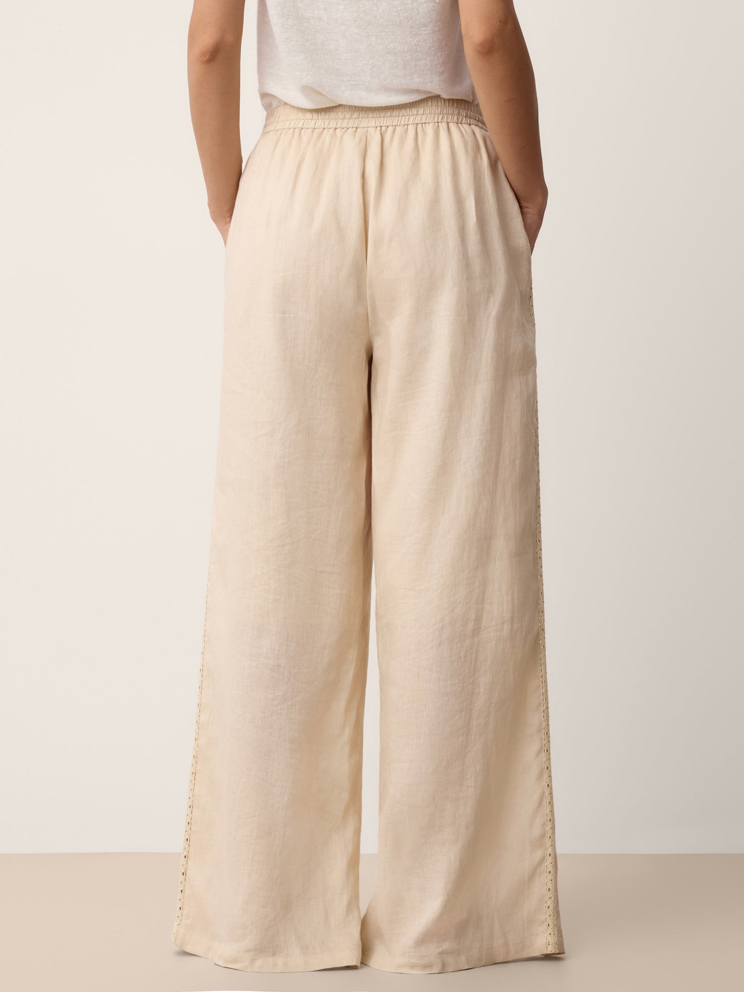 100% Linen Lace-Panel Split-Hem Pants BRONTE by LINTICO