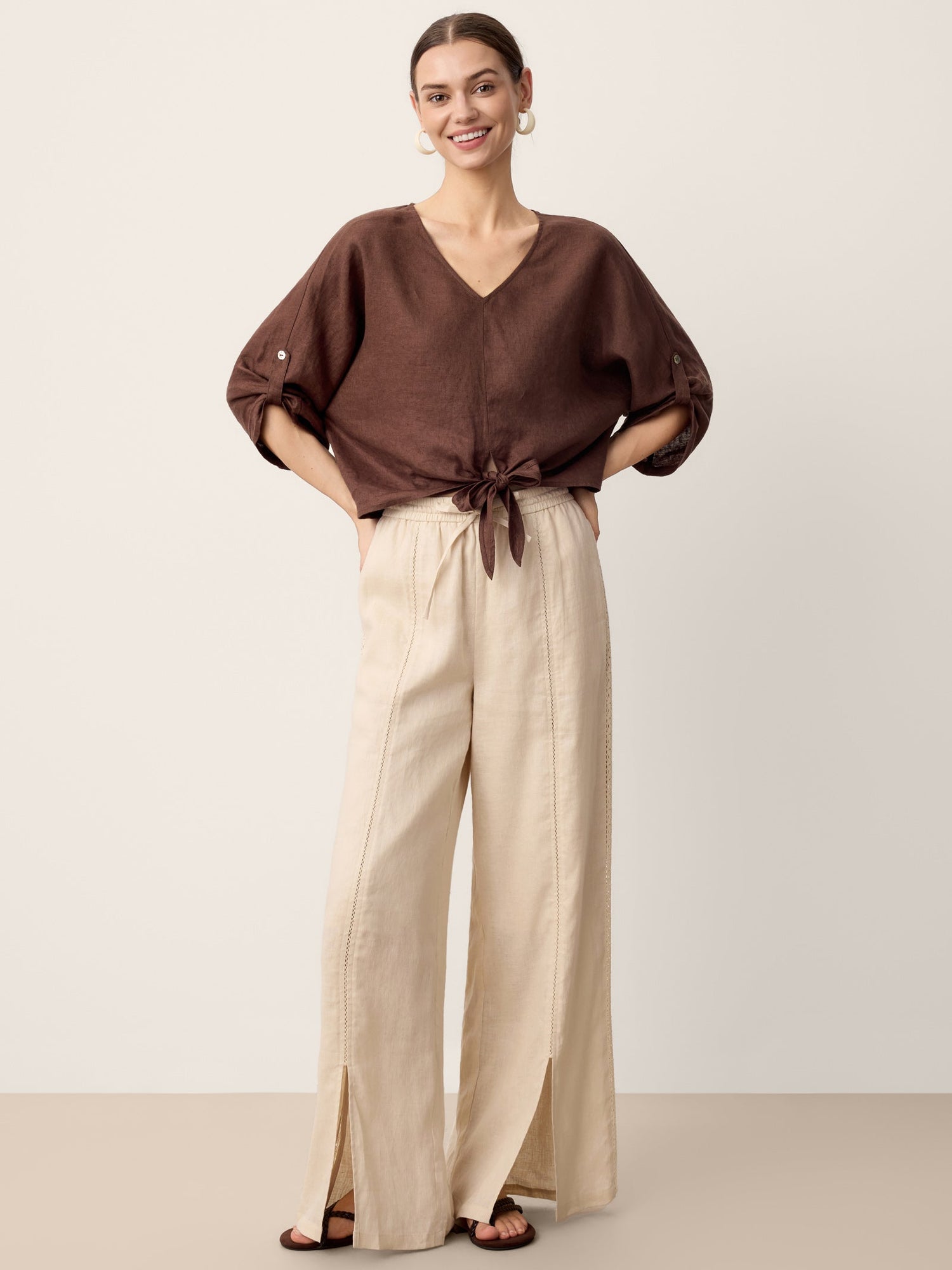 100% Linen Lace-Panel Split-Hem Pants BRONTE by LINTICO