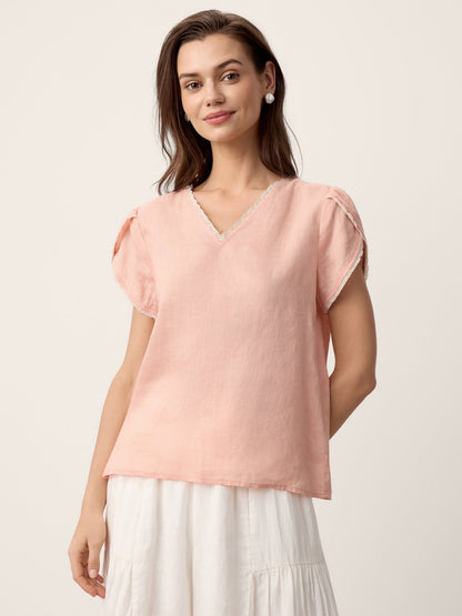 100% Linen Lace-Trim Puff-Sleeve Top NIA by LINTICO