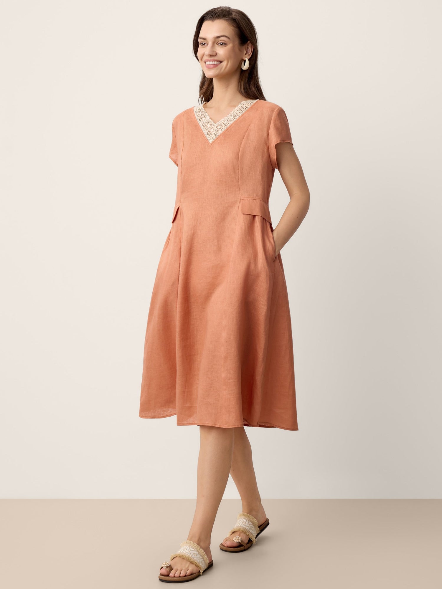 100% Linen Lace-Trim V-Neck Tailored-Waist Midi Dress ELENI by LINTICO