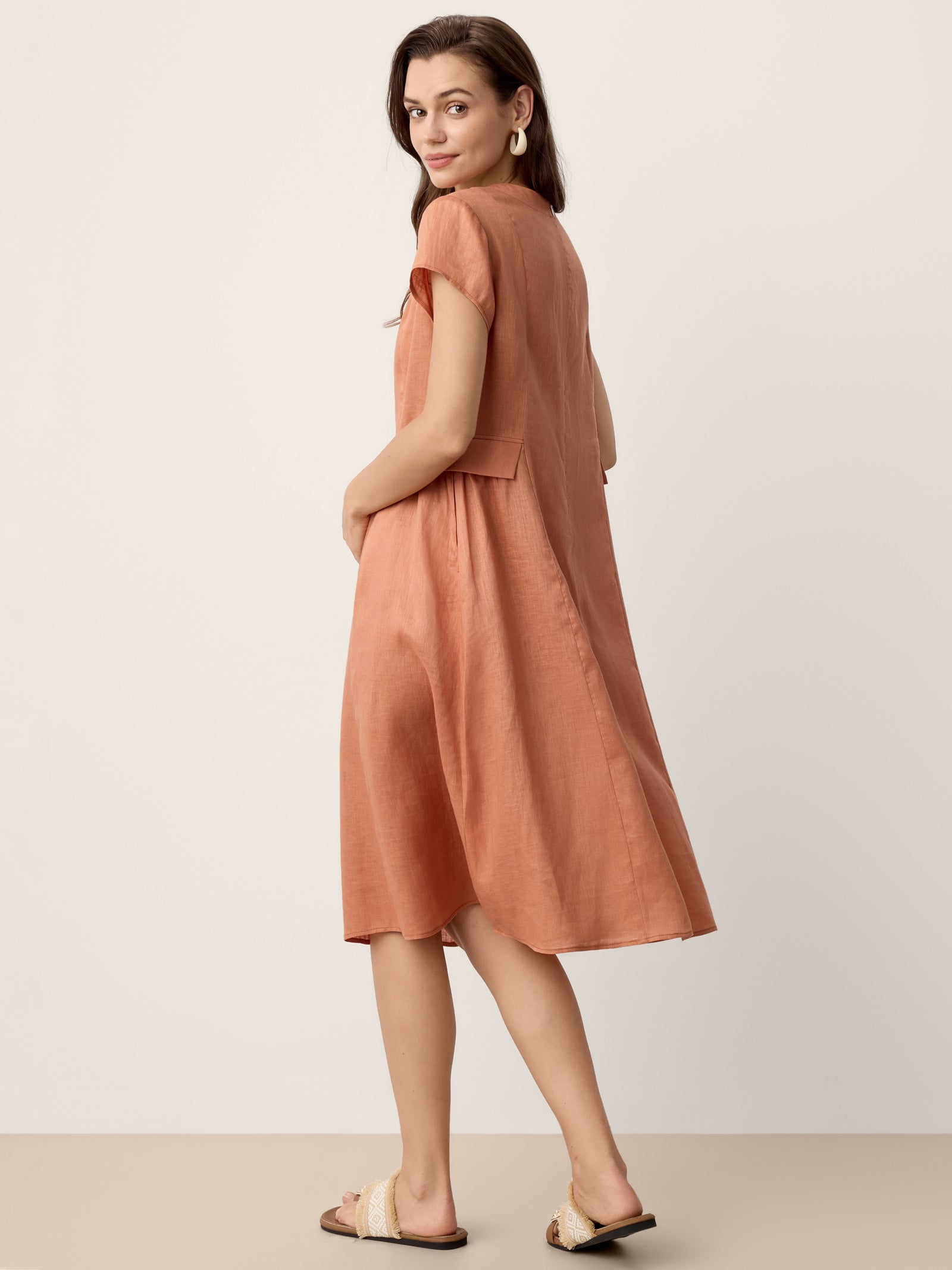 100% Linen Lace-Trim V-Neck Tailored-Waist Midi Dress ELENI by LINTICO