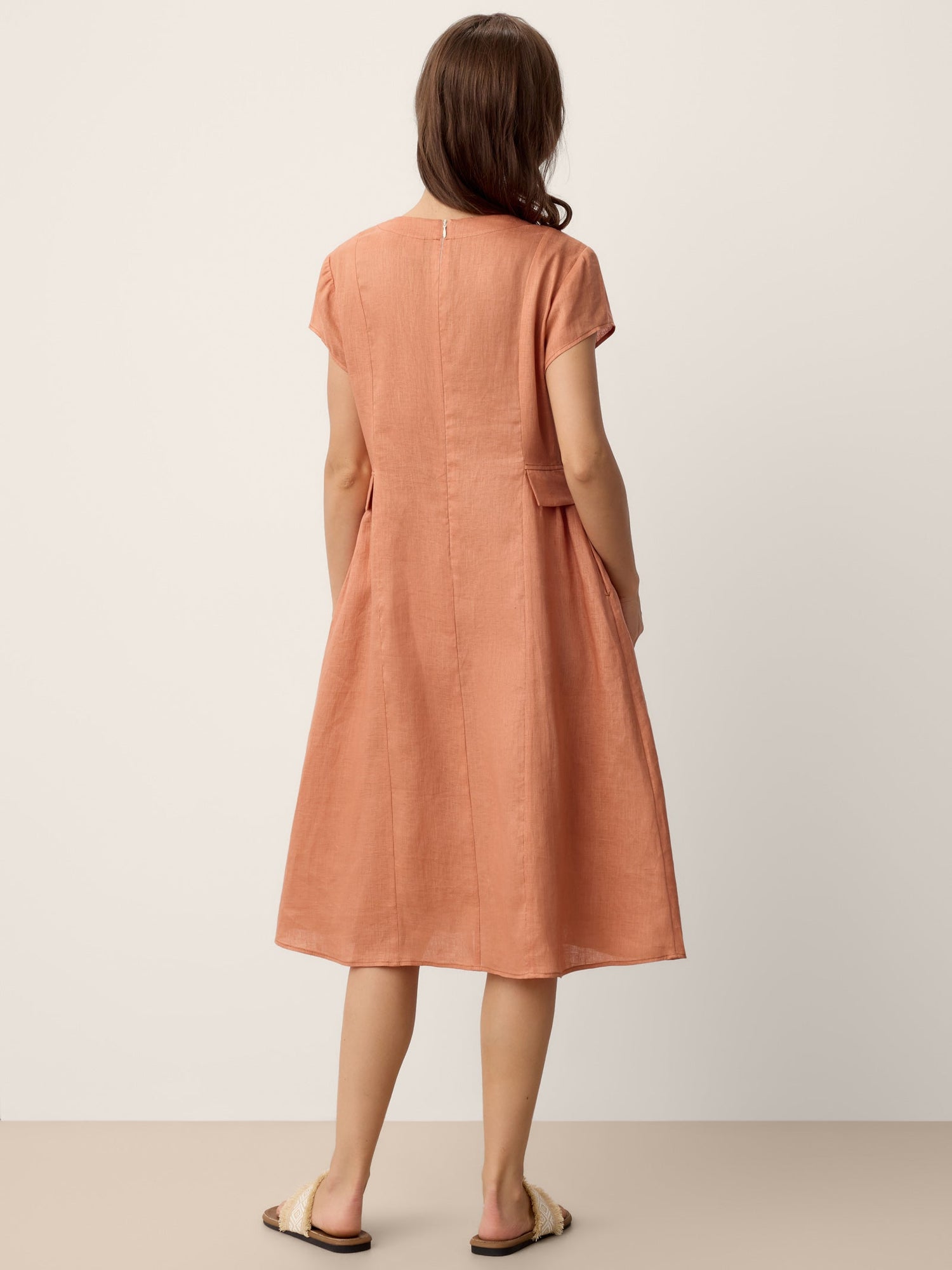 100% Linen Lace-Trim V-Neck Tailored-Waist Midi Dress ELENI by LINTICO