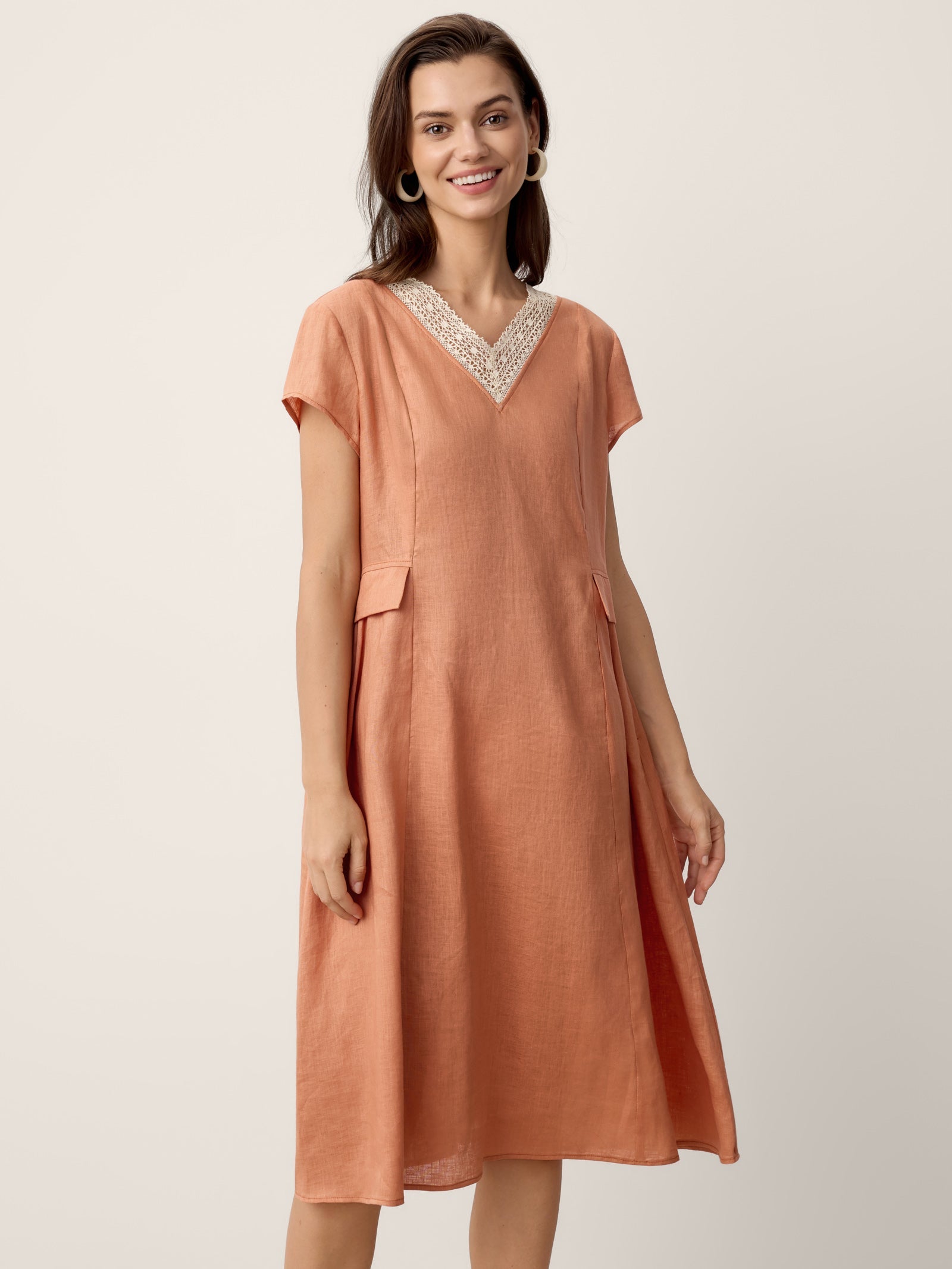 100% Linen Lace-Trim V-Neck Tailored-Waist Midi Dress ELENI by LINTICO
