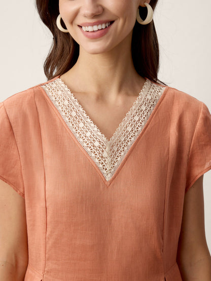 100% Linen Lace-Trim V-Neck Tailored-Waist Midi Dress ELENI by LINTICO