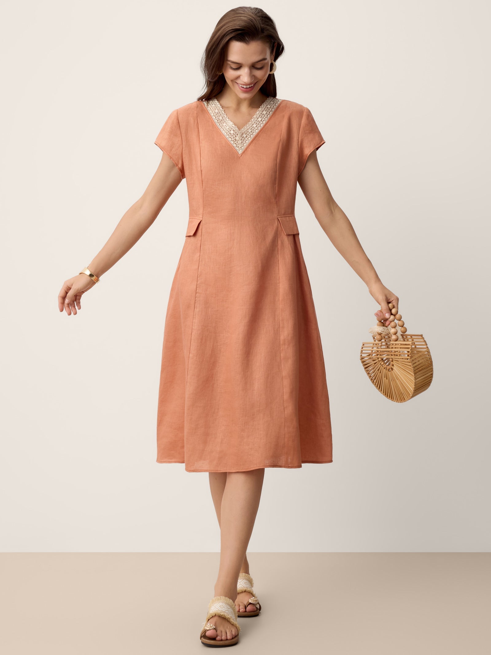100% Linen Lace-Trim V-Neck Tailored-Waist Midi Dress ELENI by LINTICO