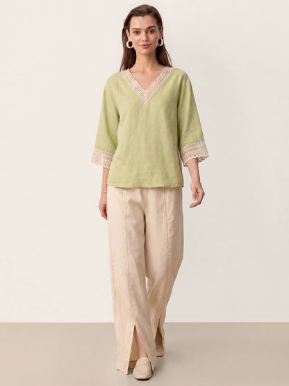 100% Linen Lace-Trim V-Neck Top KEELY by LINTICO