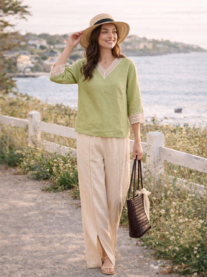 100% Linen Lace-Trim V-Neck Top KEELY by LINTICO