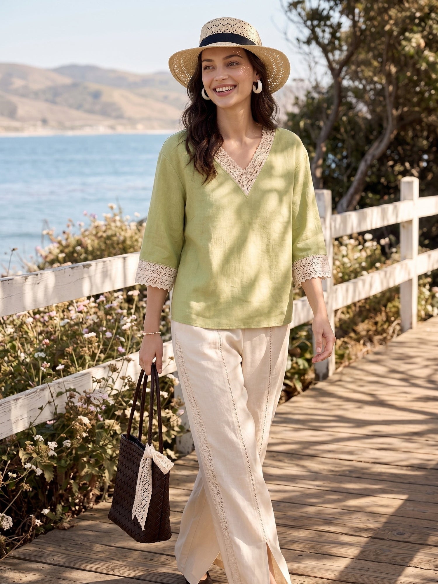 100% Linen Lace-Trim V-Neck Top KEELY by LINTICO