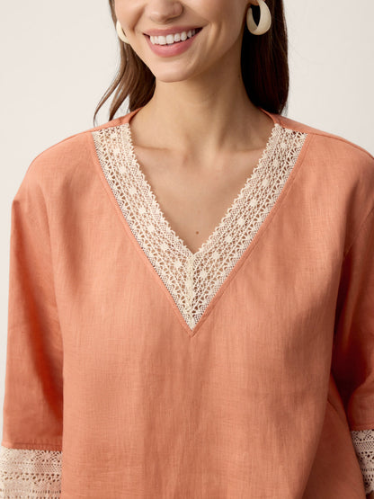 100% Linen Lace-Trim V-Neck Top KEELY by LINTICO