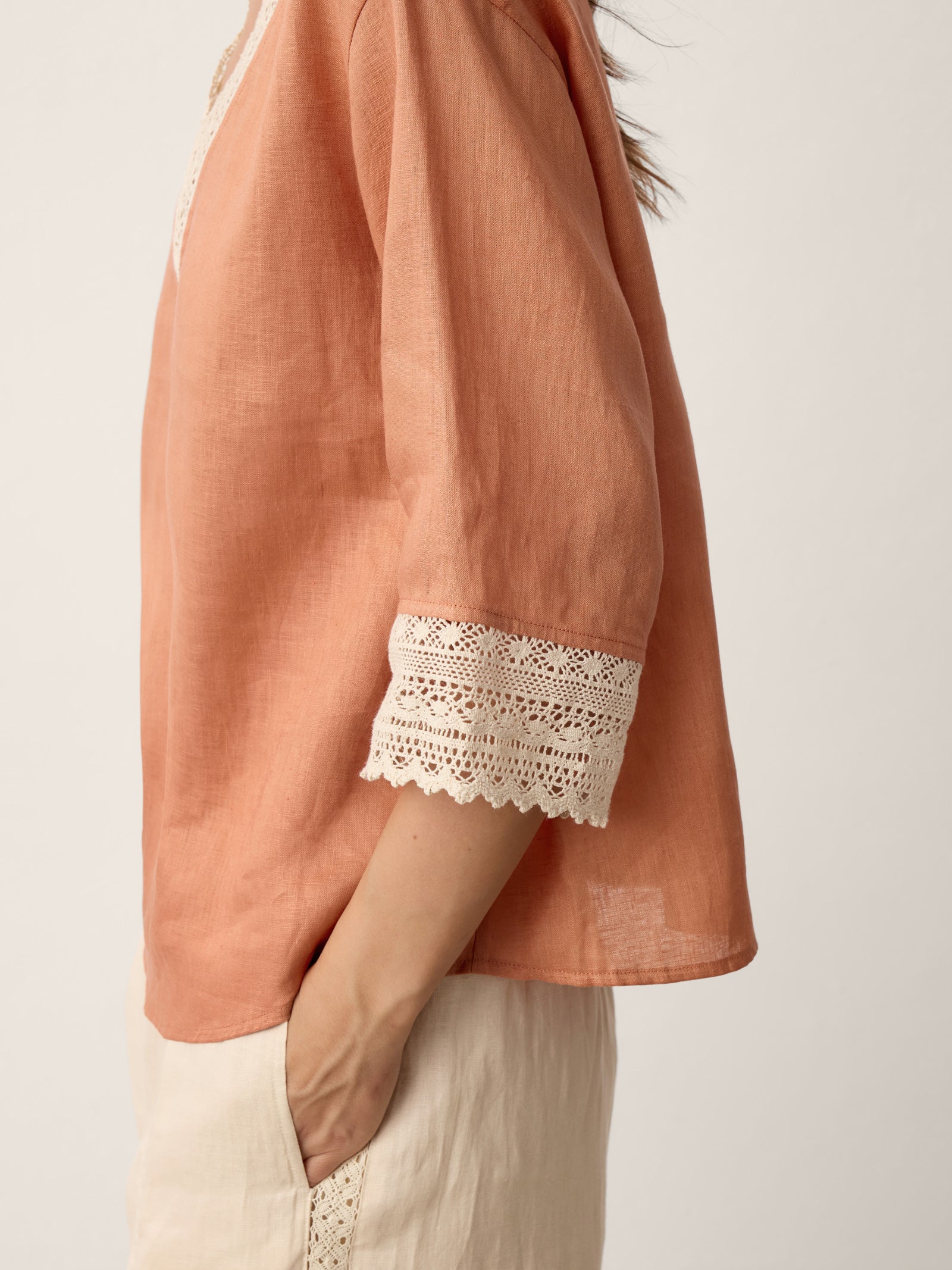 100% Linen Lace-Trim V-Neck Top KEELY by LINTICO