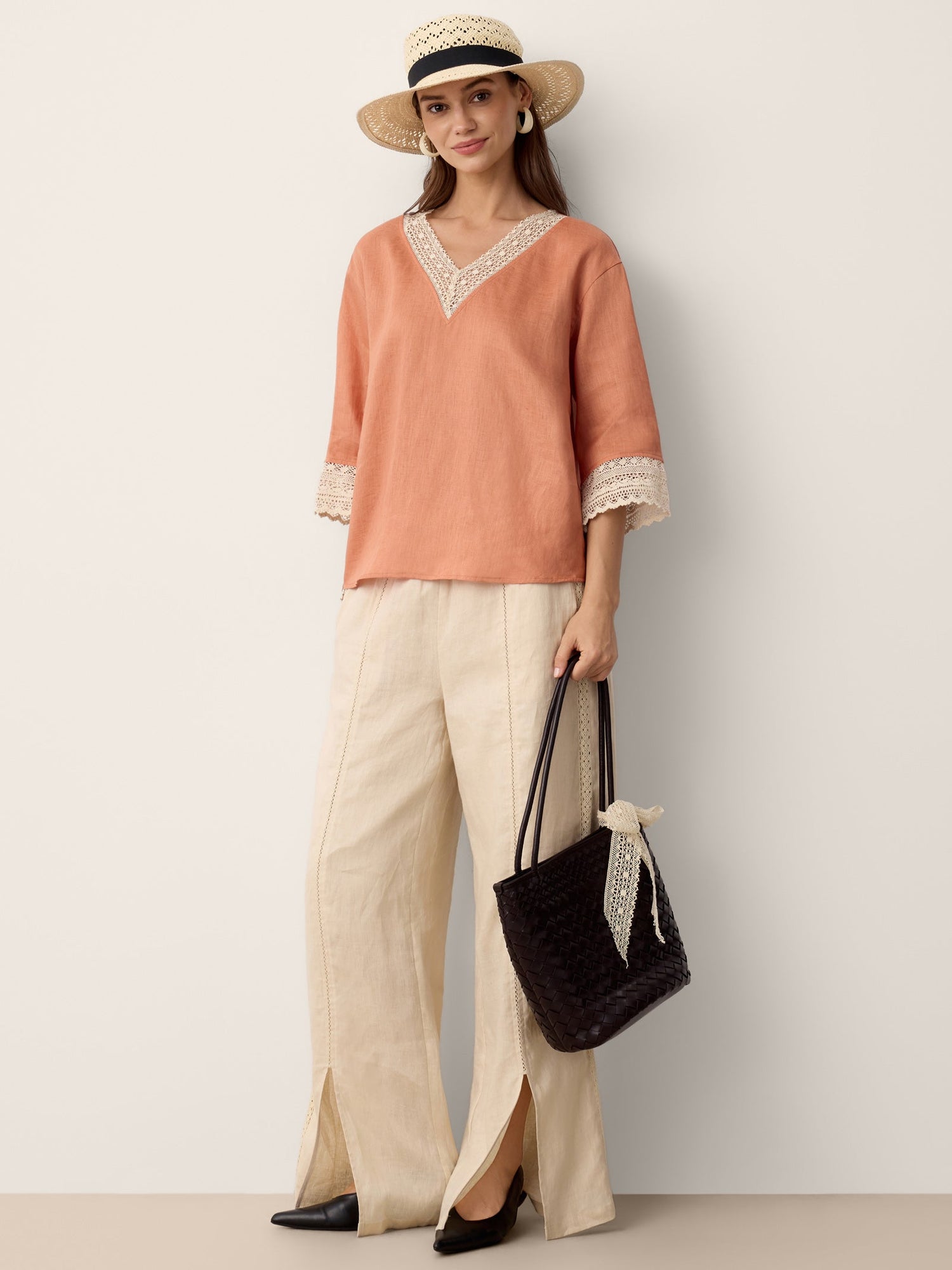 100% Linen Lace-Trim V-Neck Top KEELY by LINTICO