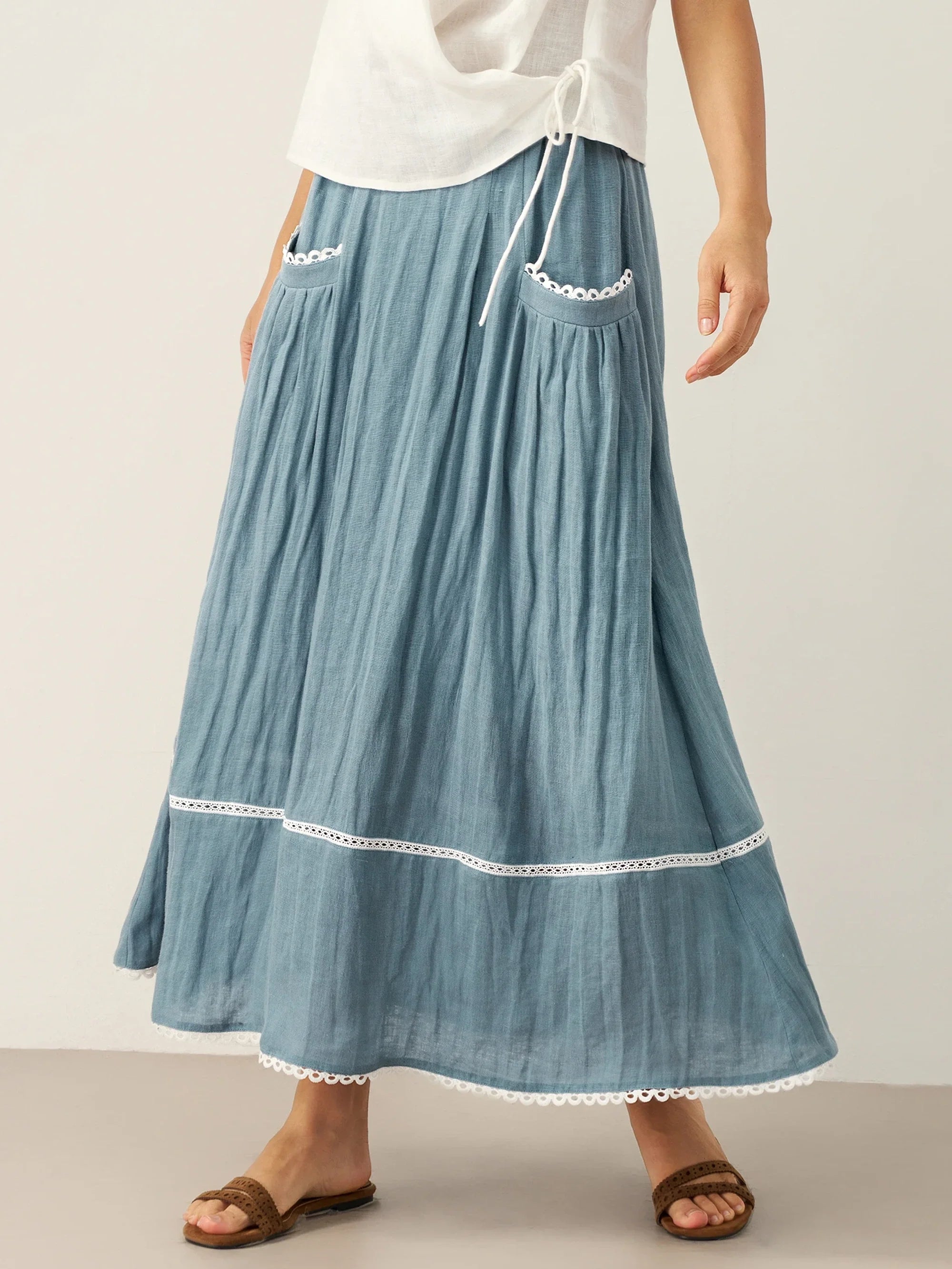 100% Linen Lace-Up Pocket Skirt FENLA by LINTICO