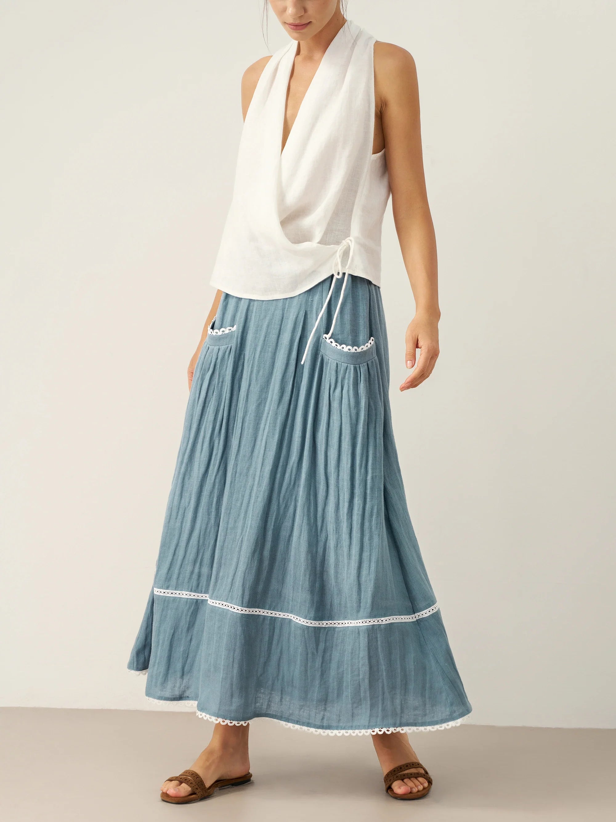 100% Linen Lace-Up Pocket Skirt FENLA by LINTICO