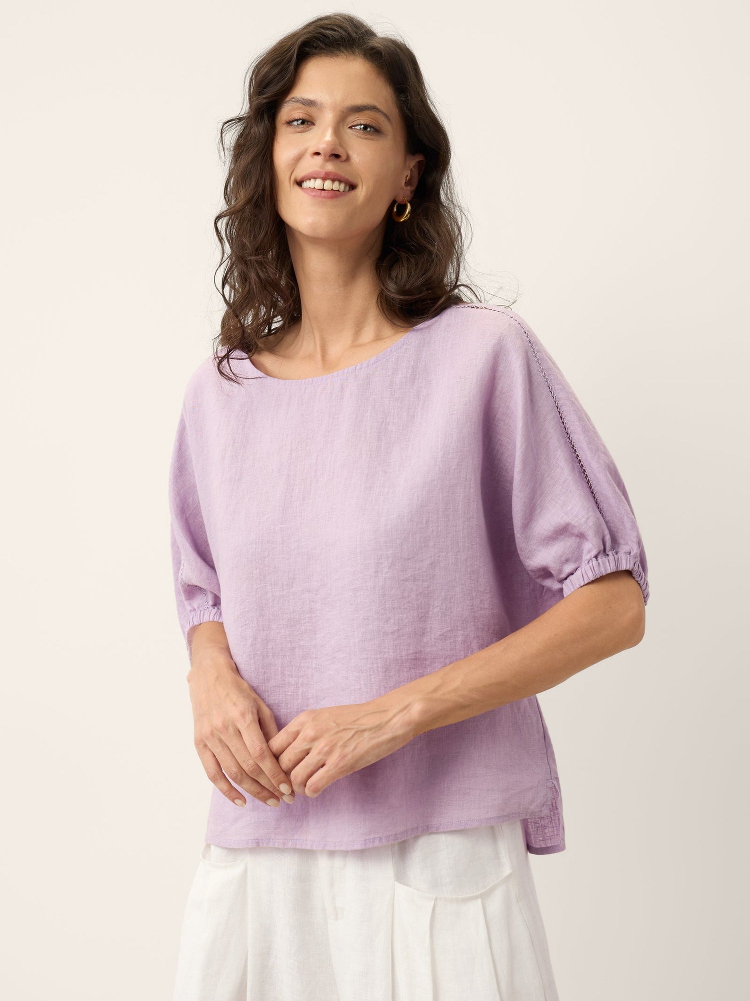 100% Linen Lace Inset Sculpted Cuff Top QUILLA by LINTICO