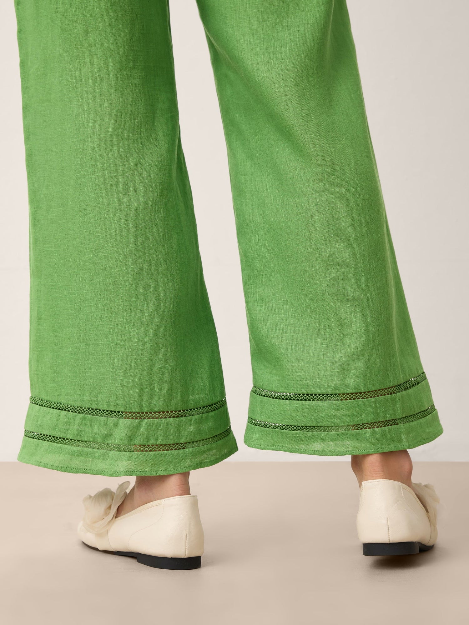 100% Linen Lace Trim Elasticated Waist Cropped Flare Pants NERINA by LINTICO