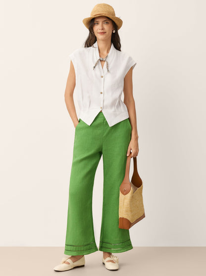 100% Linen Lace Trim Elasticated Waist Cropped Flare Pants NERINA by LINTICO