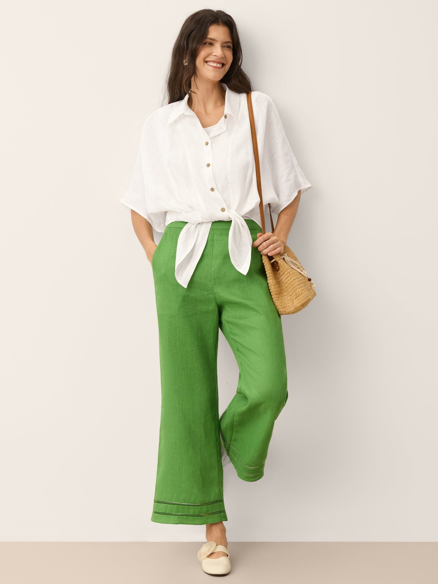 100% Linen Lace Trim Elasticated Waist Cropped Flare Pants NERINA by LINTICO