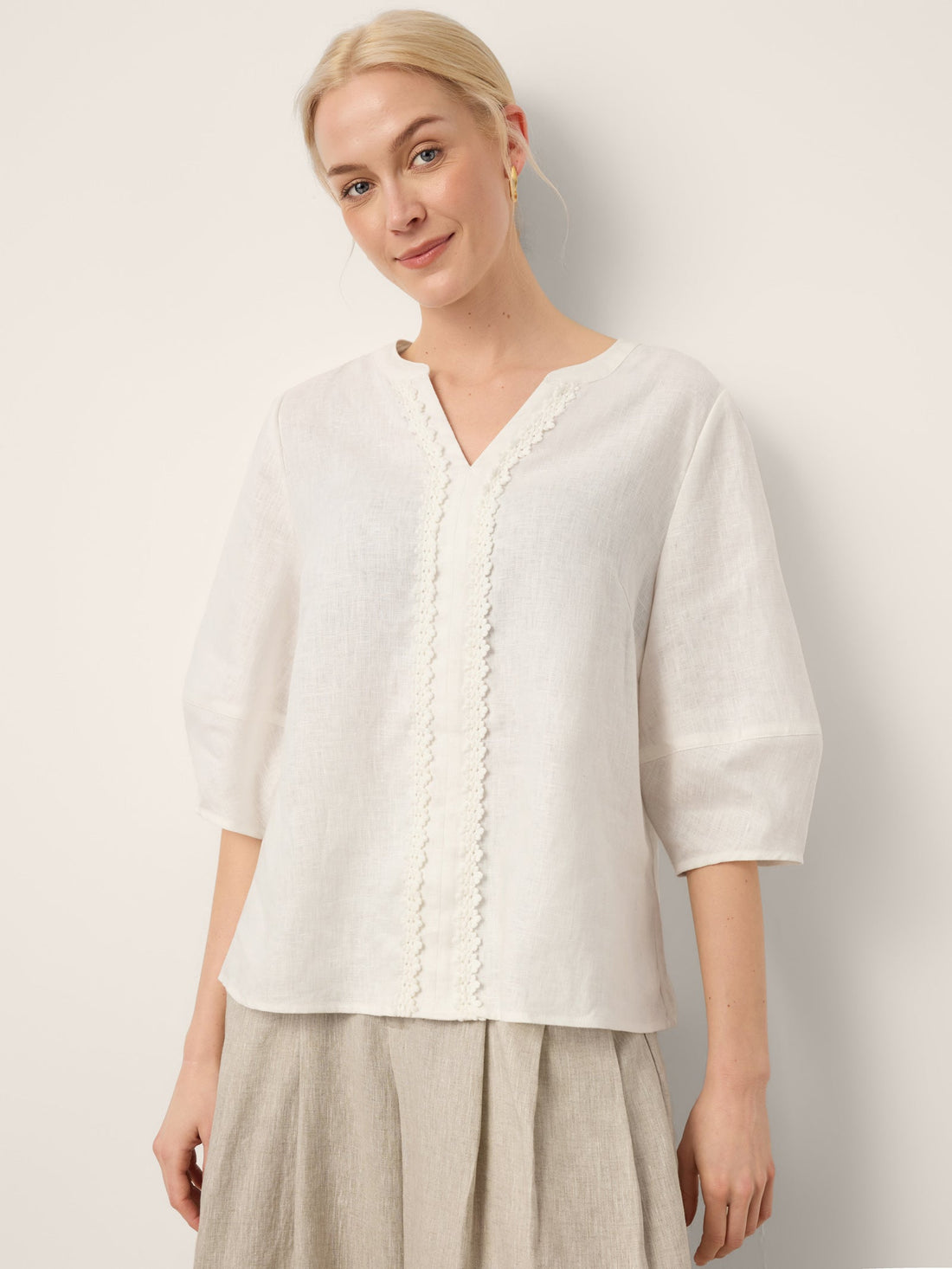 100% Linen Lace Trim Lantern Sleeve V-Neck Top LIVIAN by LINTICO