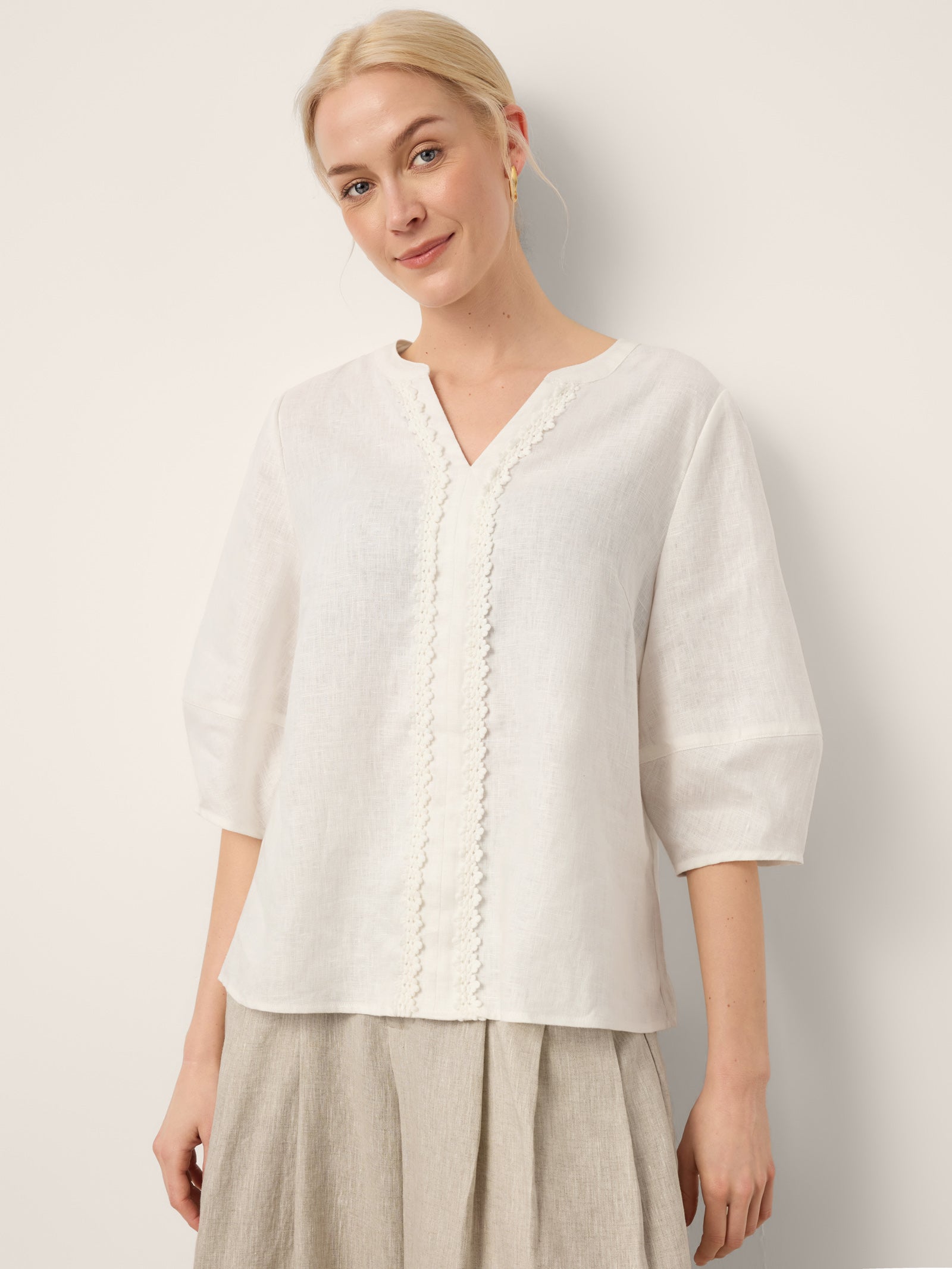 100% Linen Lace Trim Lantern Sleeve V-Neck Top LIVIAN by LINTICO