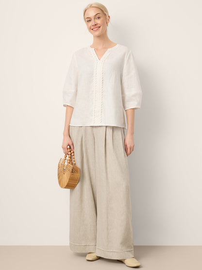 100% Linen Lace Trim Lantern Sleeve V-Neck Top LIVIAN by LINTICO