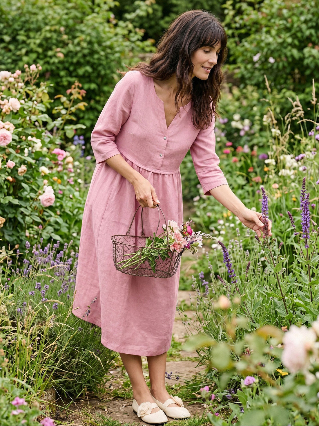 100% Linen Loose Fit Button Waist Gathered Midi Dress LUNA by LINTICO