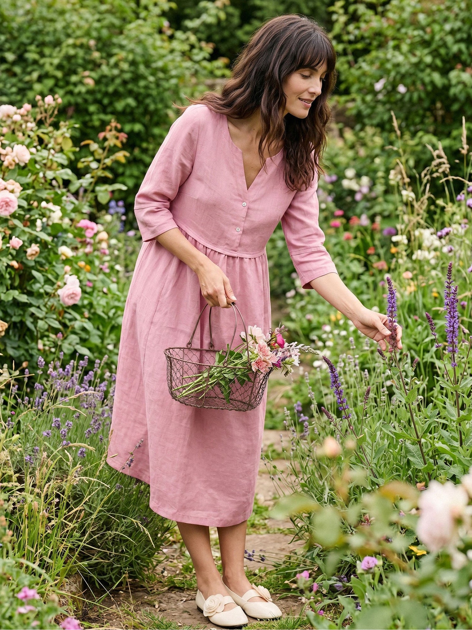 100% Linen Loose Fit Button Waist Gathered Midi Dress LUNA by LINTICO