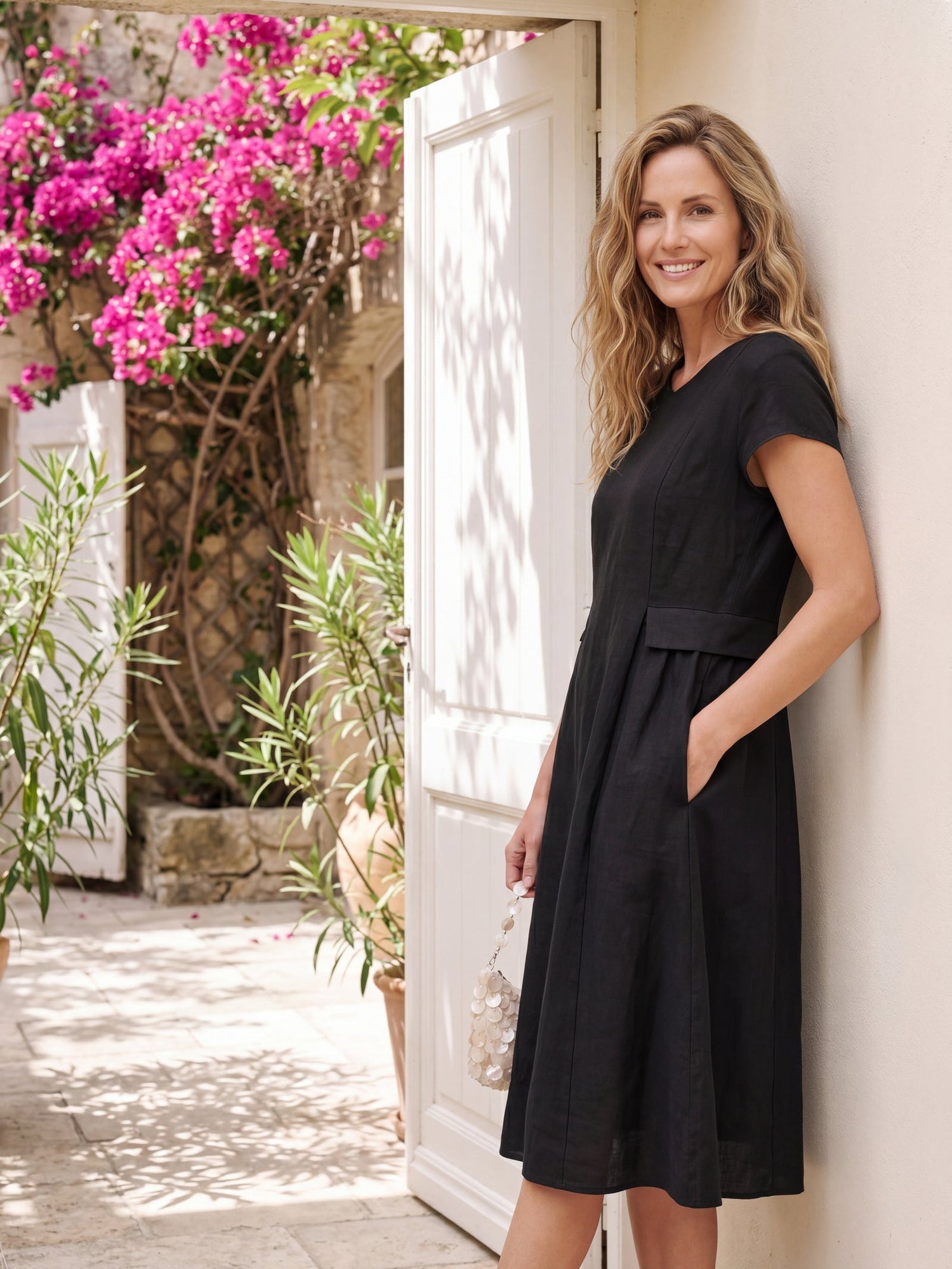 100% Linen Natural Summer V-Neck Dress ALEXA  DestGlow