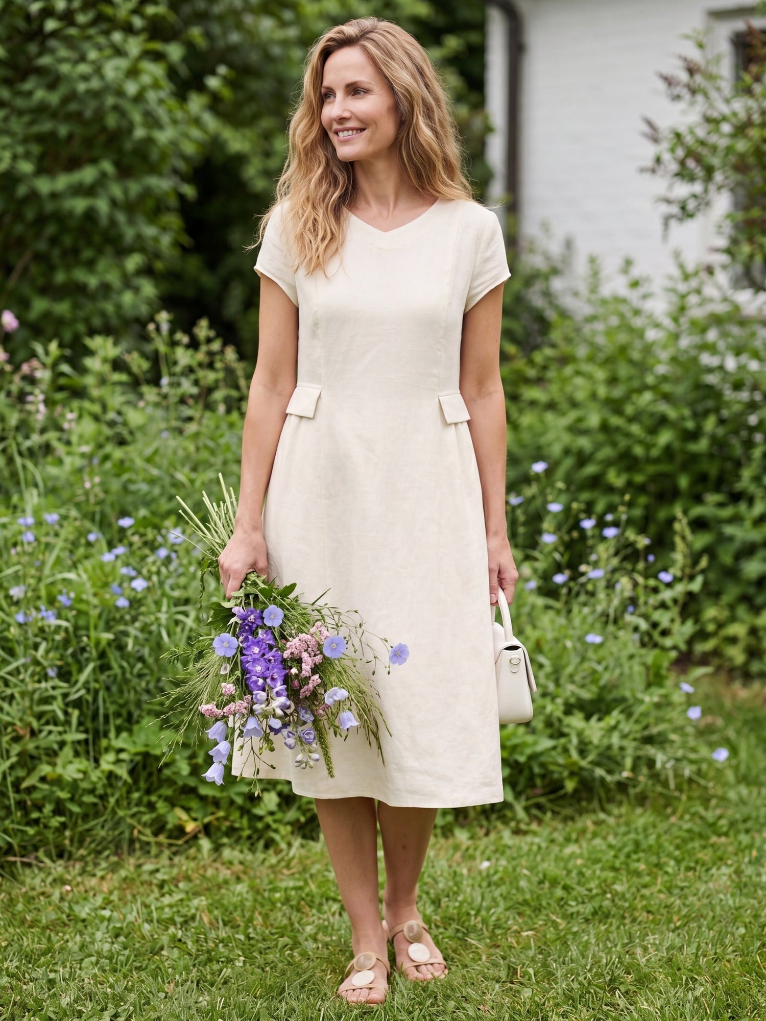 100% Linen Natural Summer V-Neck Dress ALEXA  DestGlow